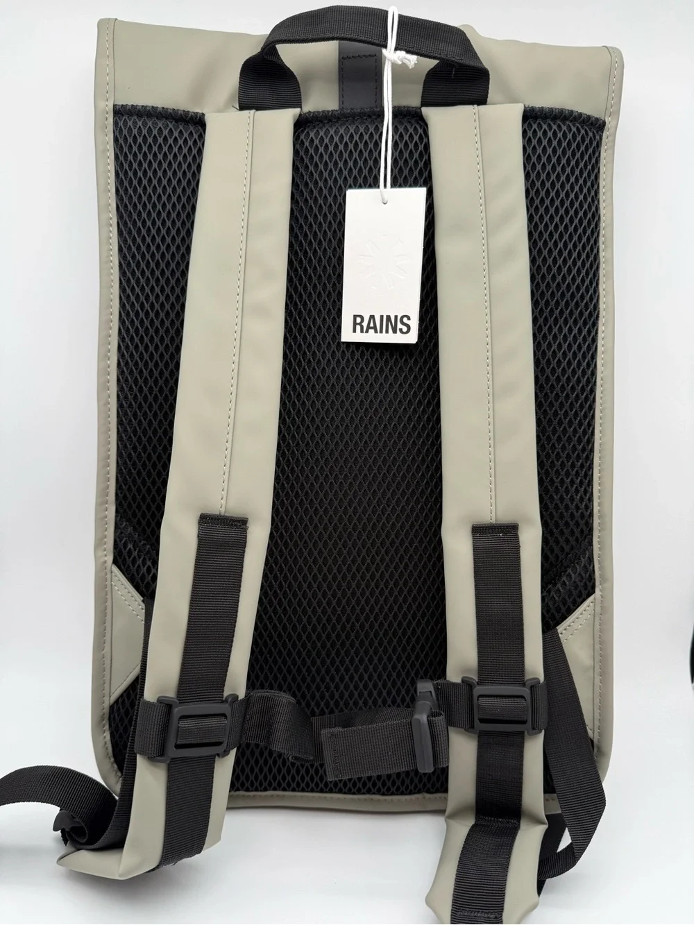 Rains Rolltop Rucksack W3 Backpack in Light Gray with Black Strap